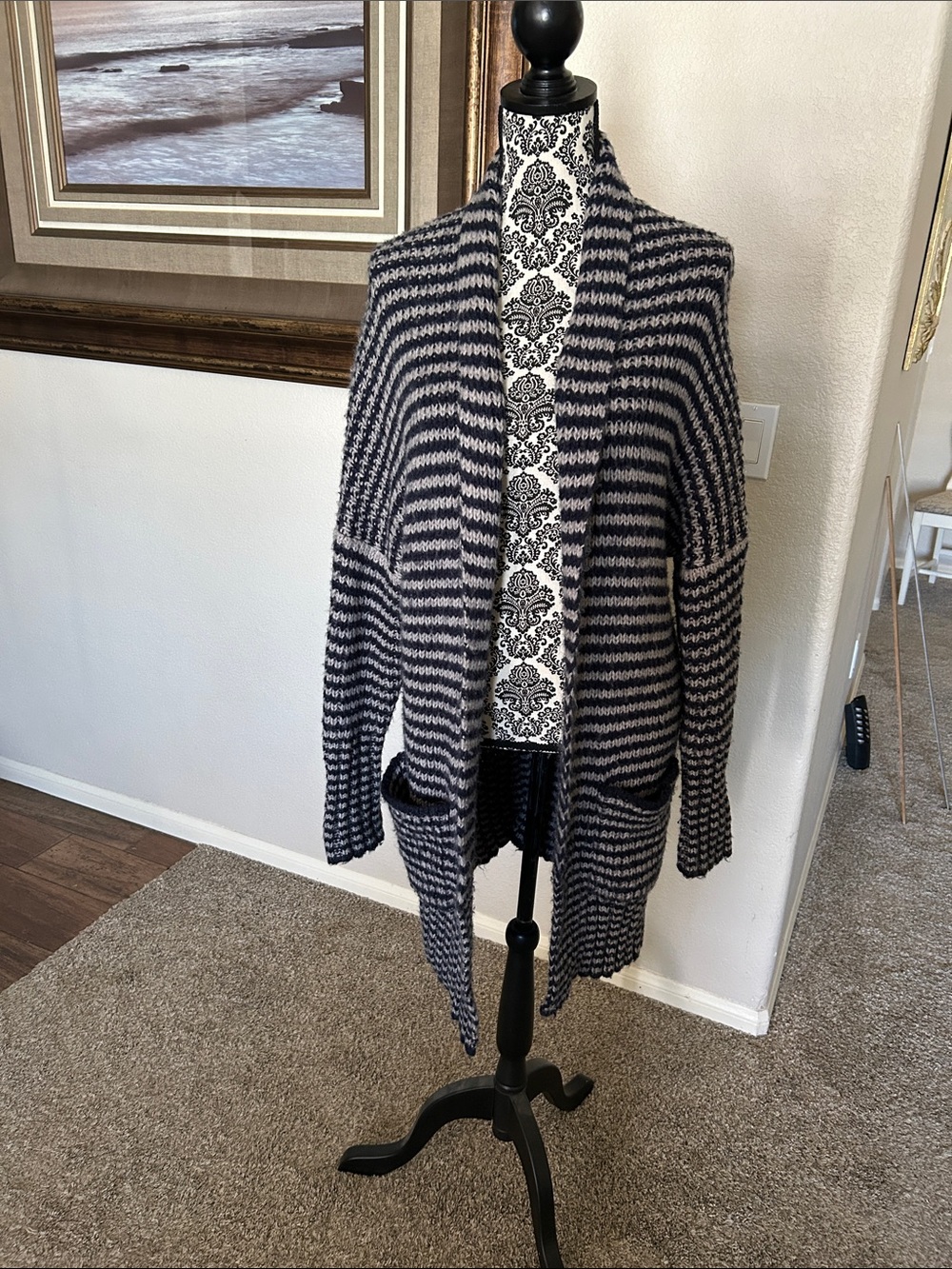 Co Op Barney’s New York Striped Open-Front Cozy Cardigan Sweater - Gray & Blue